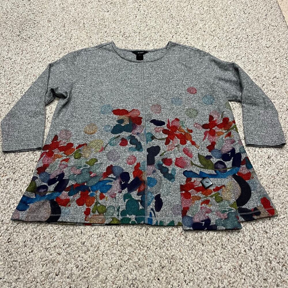 Ali Miles Floral Artsy Sweater XL Gray Watercolor Boho Casual Long Sleeve